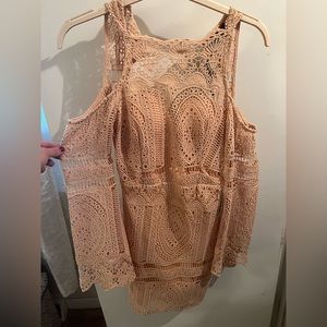 Rare London pink cold shoulder crochet dress